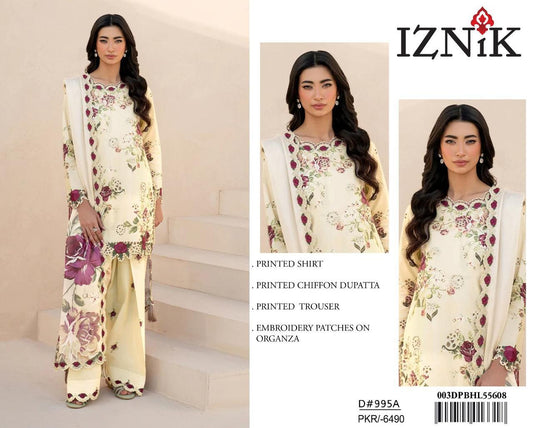 3Pc Embroidered Lawn Suit With Digital Printed Chiffon Dupatta