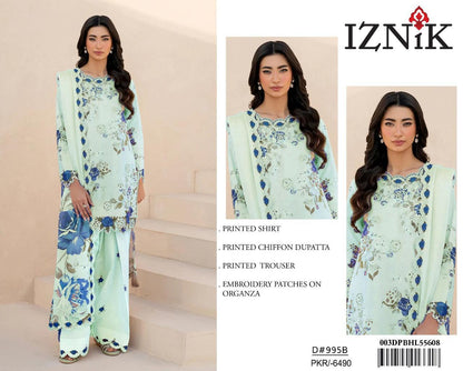 3Pc Embroidered Lawn Suit With Digital Printed Chiffon Dupatta