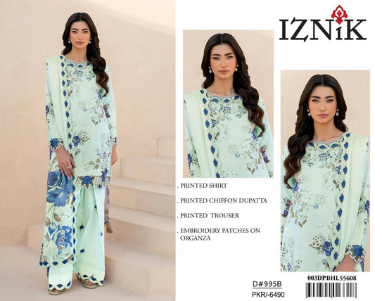 3Pc Embroidered Lawn Suit With Digital Printed Chiffon Dupatta
