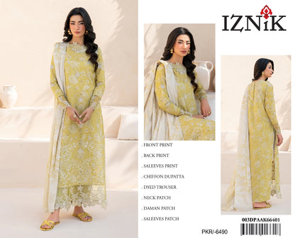 3Pc Embroidered Lawn Suit With Digital Printed Chiffon Dupatta