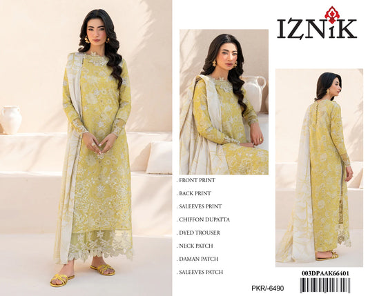3Pc Embroidered Lawn Suit With Digital Printed Chiffon Dupatta