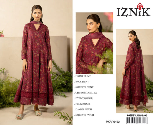3Pc Embroidered Lawn Suit With Digital Printed Chiffon Dupatta