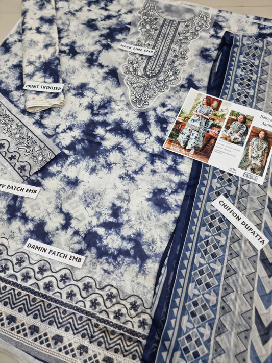 3Pc Embroidered Lawn Suit With Digital Printed Chiffon Dupatta