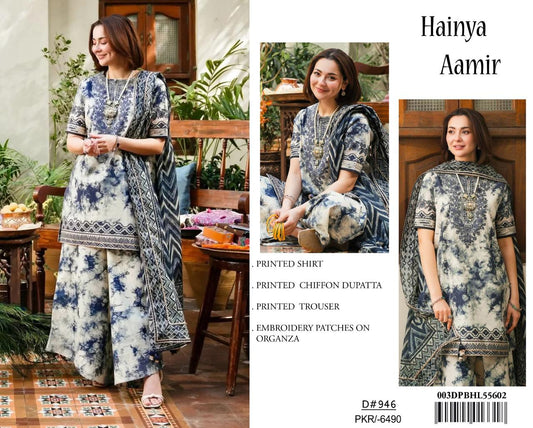 3Pc Embroidered Lawn Suit With Digital Printed Chiffon Dupatta