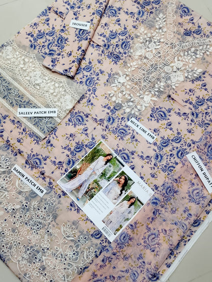 3Pc Embroidered Lawn Suit With Digital Printed Chiffon Dupatta