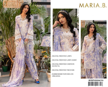 3Pc Embroidered Lawn Suit With Digital Printed Chiffon Dupatta