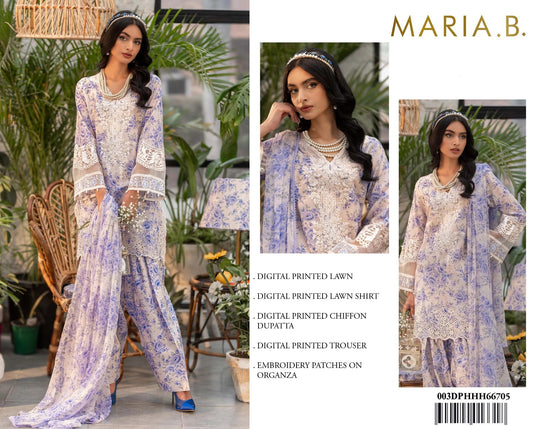 3Pc Embroidered Lawn Suit With Digital Printed Chiffon Dupatta