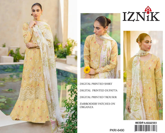 3Pc Embroidered Lawn Suit With Digital Printed Chiffon Dupatta