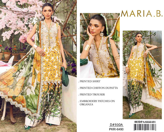 3Pc Embroidered Lawn Suit With Digital Printed Chiffon Dupatta