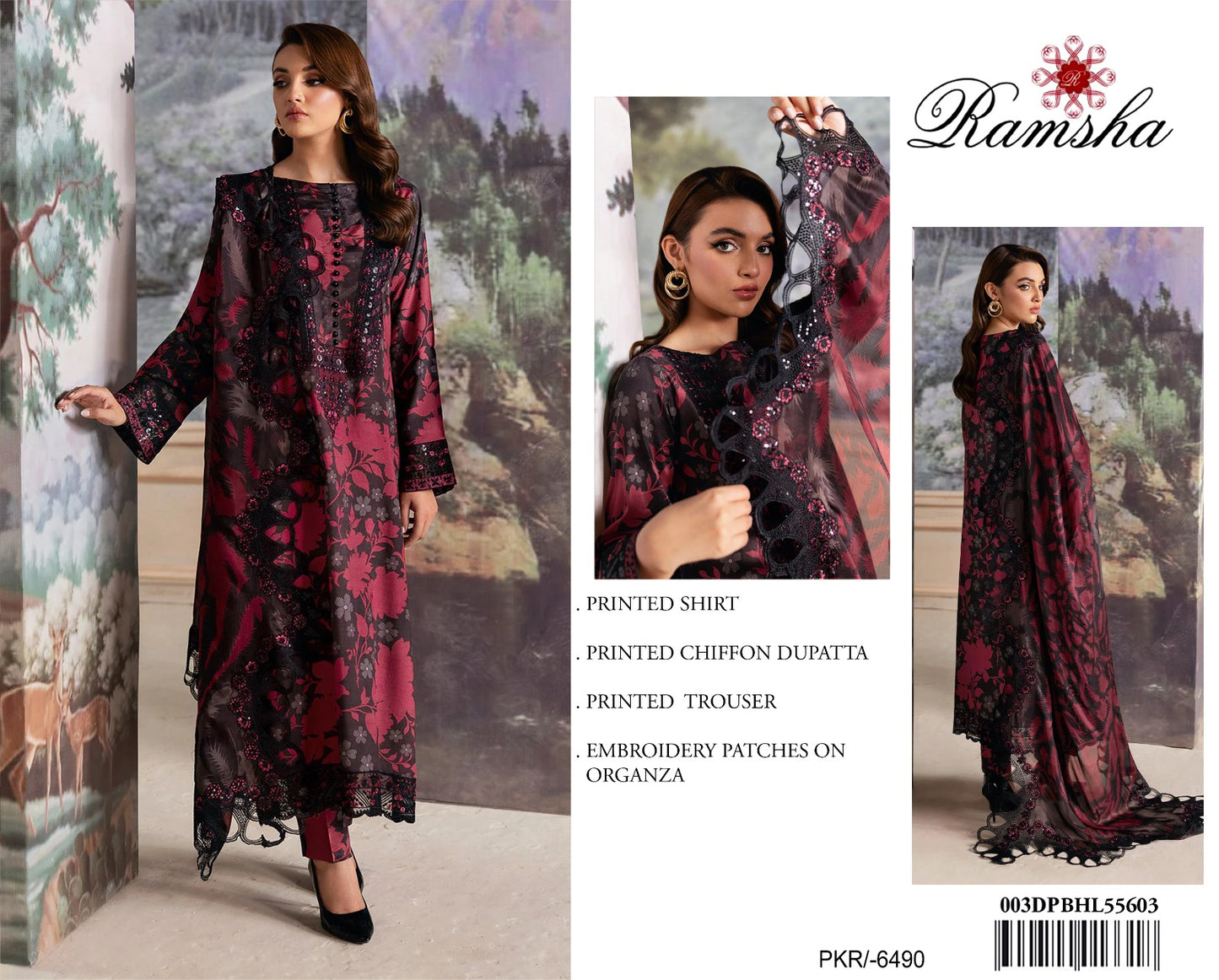 3Pc Embroidered Lawn Suit With Digital Printed Chiffon Dupatta