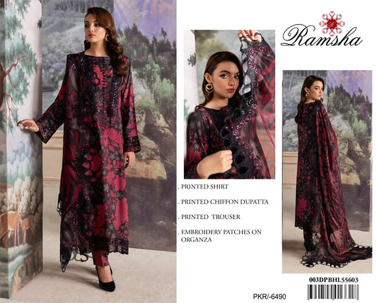 3Pc Embroidered Lawn Suit With Digital Printed Chiffon Dupatta