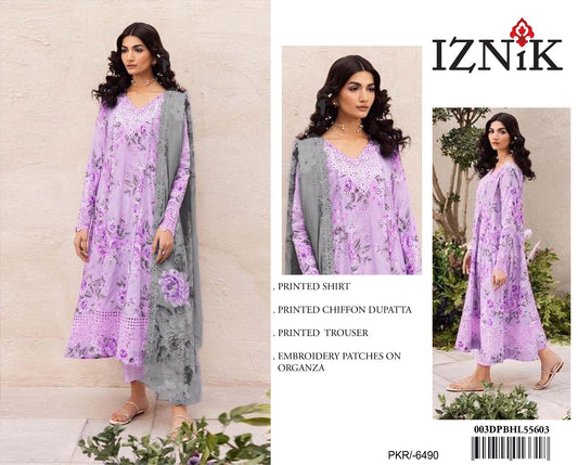 3Pc Embroidered Lawn Suit With Digital Printed Chiffon Dupatta